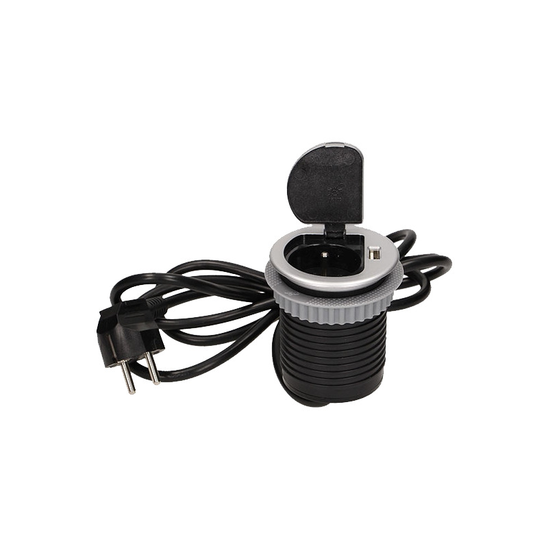 GNIAZDO MEBLOWE O6CM WPUSZCZANE W BLAT Z POKRYWKĄ, ŁADOWARKĄ USB I PRZEWODEM 1,8M, 1X2P+Z, 1XUSB, WERSJA SCHUKO ORNO