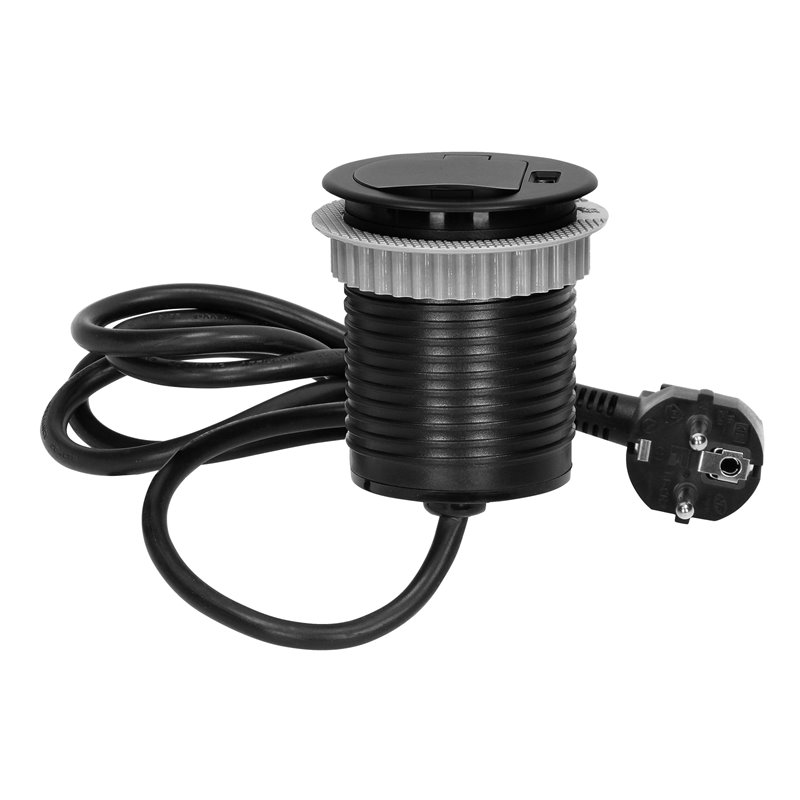 GNIAZDO MEBLOWE O6CM WPUSZCZANE W BLAT Z POKRYWKĄ, ŁADOWARKĄ USB I PRZEWODEM 1,8M, 1X2P+Z, 1XUSB, CZARNE, WERSJA SCHUKO ORNO