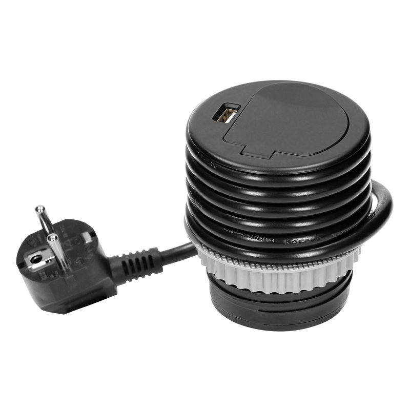 GNIAZDO MEBLOWE O6CM WPUSZCZANE W BLAT Z POKRYWKĄ, ŁADOWARKĄ USB I PRZEWODEM 1,8M, 1X2P+Z, 1XUSB, CZARNE, WERSJA SCHUKO ORNO GNIAZDO MEBLOWE O6CM WPUSZCZANE W BLAT Z POKRYWKĄ, ŁADOWARKĄ USB I PRZEWODEM 1,8M, 1X2P+Z, 1XUSB, CZARNE, WERSJA SCHUKO ORNO