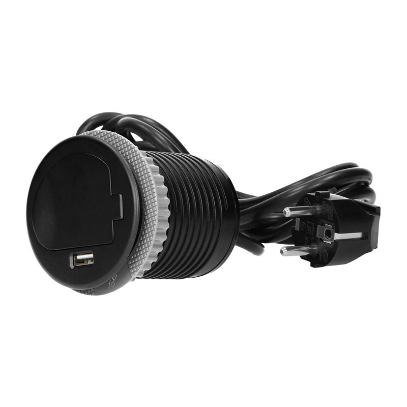 GNIAZDO MEBLOWE O6CM WPUSZCZANE W BLAT Z POKRYWKĄ, ŁADOWARKĄ USB I PRZEWODEM 1,8M, 1X2P+Z, 1XUSB, CZARNE, WERSJA SCHUKO ORNO GNIAZDO MEBLOWE O6CM WPUSZCZANE W BLAT Z POKRYWKĄ, ŁADOWARKĄ USB I PRZEWODEM 1,8M, 1X2P+Z, 1XUSB, CZARNE, WERSJA SCHUKO ORNO