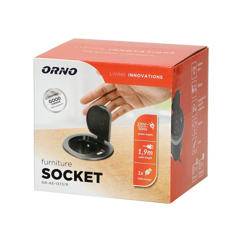 GNIAZDO MEBLOWE O6CM WPUSZCZANE W BLAT Z POKRYWKĄ, ŁADOWARKĄ USB I PRZEWODEM 1,8M, 1X2P+Z, 1XUSB, CZARNE ORNO GNIAZDO MEBLOWE O6CM WPUSZCZANE W BLAT Z POKRYWKĄ, ŁADOWARKĄ USB I PRZEWODEM 1,8M, 1X2P+Z, 1XUSB, CZARNE ORNO