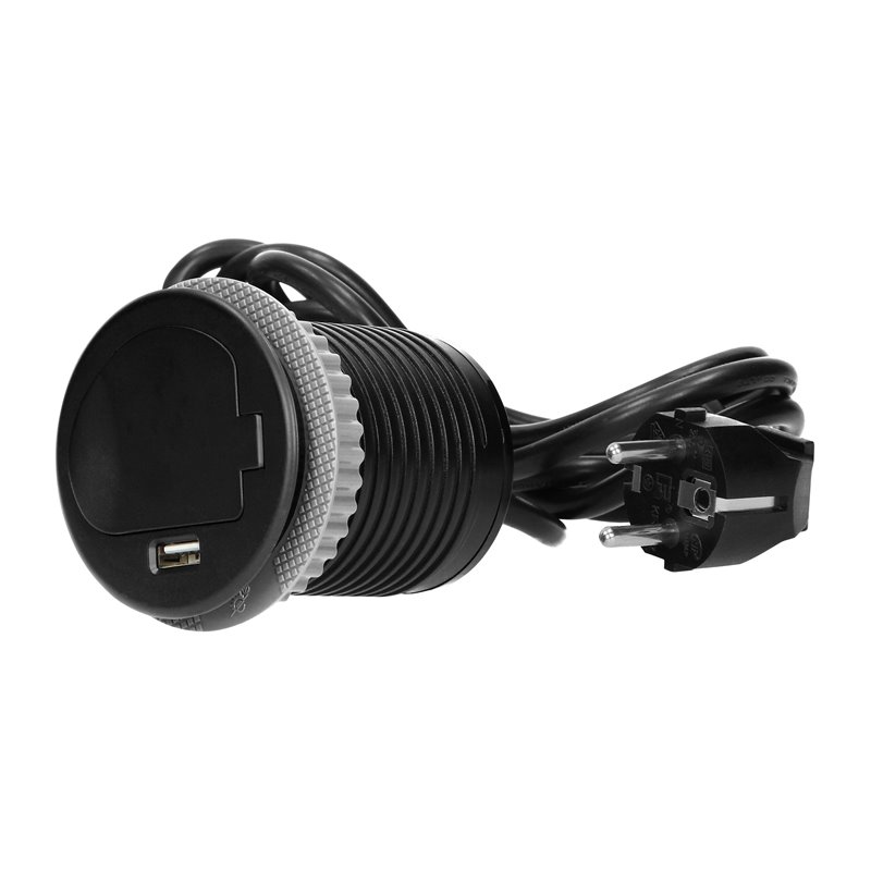 GNIAZDO MEBLOWE O6CM WPUSZCZANE W BLAT Z POKRYWKĄ, ŁADOWARKĄ USB I PRZEWODEM 1,8M, 1X2P+Z, 1XUSB, CZARNE ORNO GNIAZDO MEBLOWE O6CM WPUSZCZANE W BLAT Z POKRYWKĄ, ŁADOWARKĄ USB I PRZEWODEM 1,8M, 1X2P+Z, 1XUSB, CZARNE ORNO