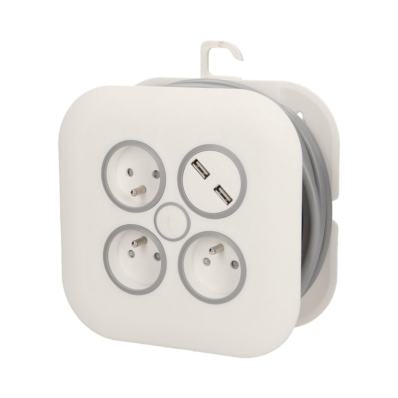 PRZEDŁUŻACZ ZWIJANY, 3 GNIAZDA 2P+Z, PŁASKA WTYCZKA, ŁADOWARKA USB, POLWINIT H05VV-F 3X1MM2 , DŁUGOŚĆ 7M ORNO