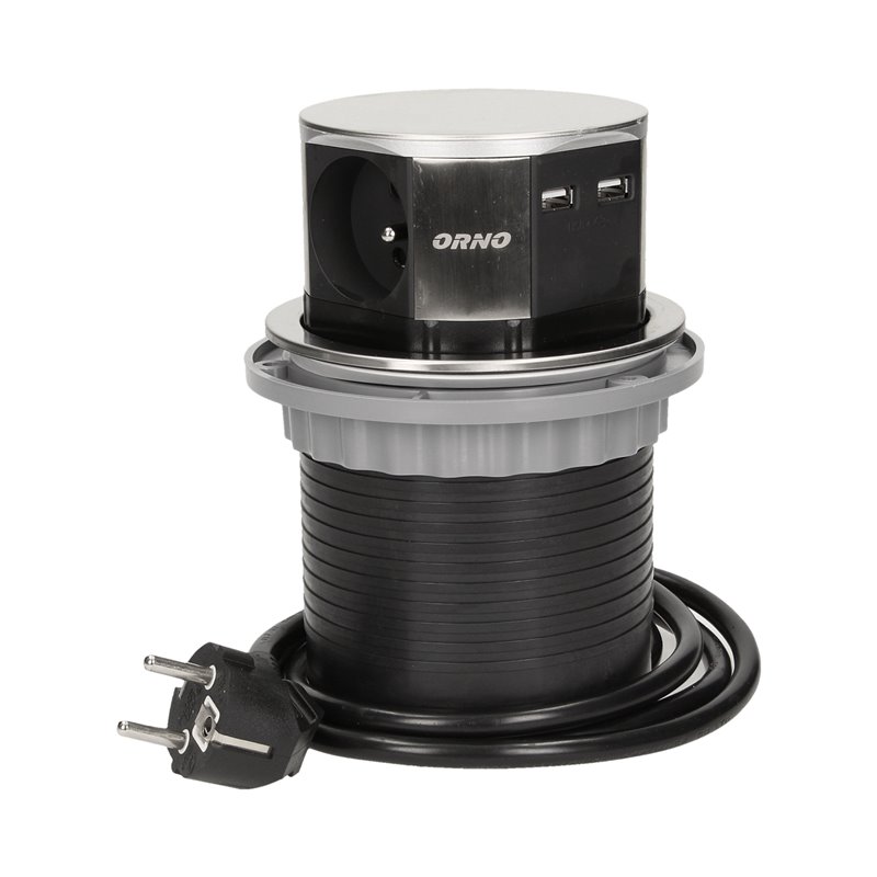 GNIAZDO MEBLOWE O10CM WYSUWANE Z BLATU Z ŁADOWARKĄ USB I PRZEWODEM 1,5M, 3X2P+Z, 2XUSB, INOX ORNO GNIAZDO MEBLOWE O10CM WYSUWANE Z BLATU Z ŁADOWARKĄ USB I PRZEWODEM 1,5M, 3X2P+Z, 2XUSB, INOX ORNO