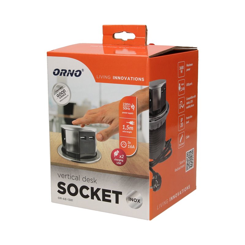 GNIAZDO MEBLOWE O10CM WYSUWANE Z BLATU Z ŁADOWARKĄ USB I PRZEWODEM 1,5M, 3X2P+Z, 2XUSB, INOX ORNO GNIAZDO MEBLOWE O10CM WYSUWANE Z BLATU Z ŁADOWARKĄ USB I PRZEWODEM 1,5M, 3X2P+Z, 2XUSB, INOX ORNO