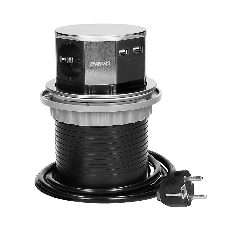 GNIAZDO MEBLOWE O10CM WYSUWANE Z BLATU Z ŁADOWARKĄ USB I PRZEWODEM 1,5M, 3X2P+Z, 2XUSB, INOX, SCHUKO ORNO GNIAZDO MEBLOWE O10CM WYSUWANE Z BLATU Z ŁADOWARKĄ USB I PRZEWODEM 1,5M, 3X2P+Z, 2XUSB, INOX, SCHUKO ORNO