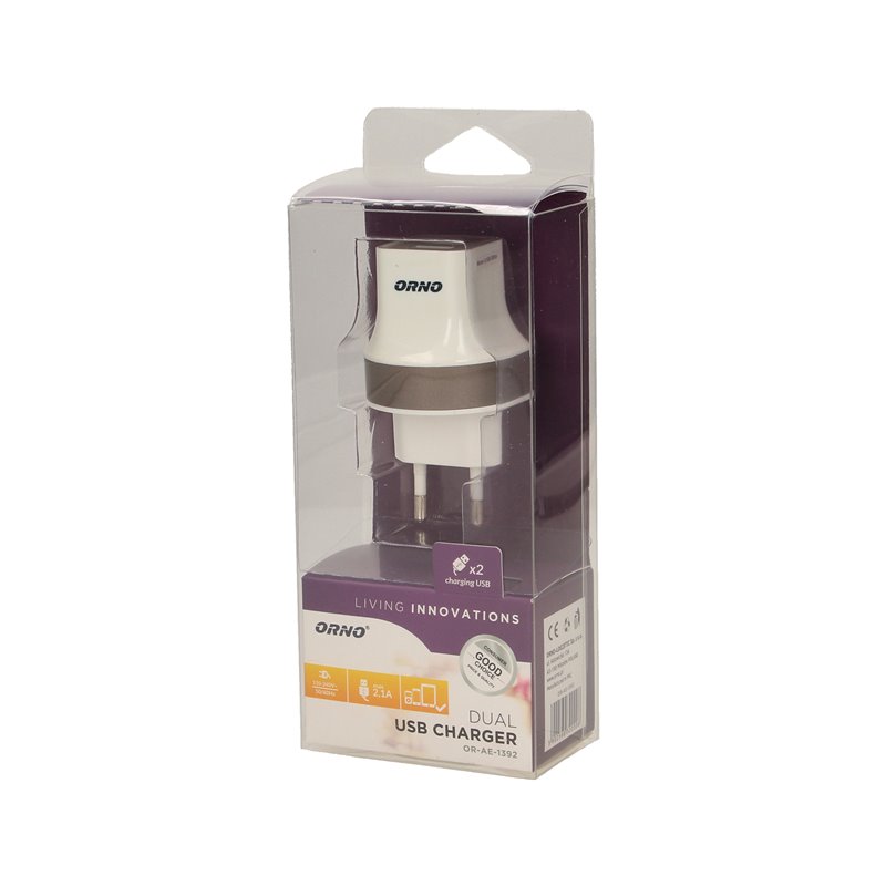 ŁADOWARKA SIECIOWA 2XUSB, 5VDC/2,1A ORNO ŁADOWARKA SIECIOWA 2XUSB, 5VDC/2,1A ORNO