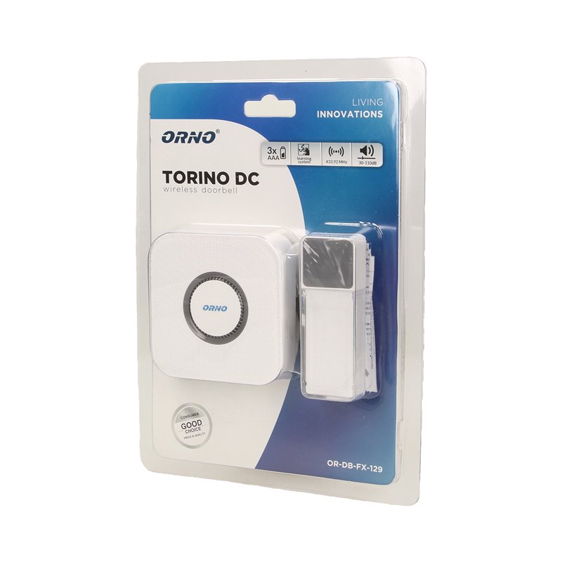 DZWONEK BEZPRZEWODOWY TORINO DC, BATERYJNY, LEARNING SYSTEM, 52 DŹWIĘKI, 200M ORNO DZWONEK BEZPRZEWODOWY TORINO DC, BATERYJNY, LEARNING SYSTEM, 52 DŹWIĘKI, 200M ORNO