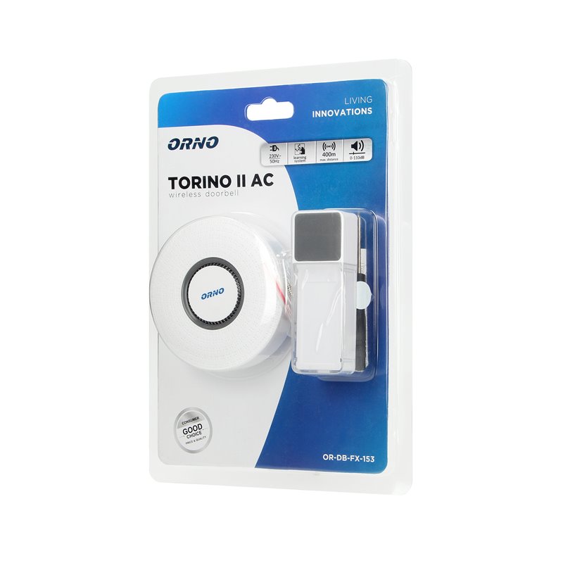 DZWONEK BEZPRZEWODOWY TORINO II AC, SIECIOWY, LEARNING SYSTEM, 58 DŹWIĘKÓW, 400M ORNO DZWONEK BEZPRZEWODOWY TORINO II AC, SIECIOWY, LEARNING SYSTEM, 58 DŹWIĘKÓW, 400M ORNO