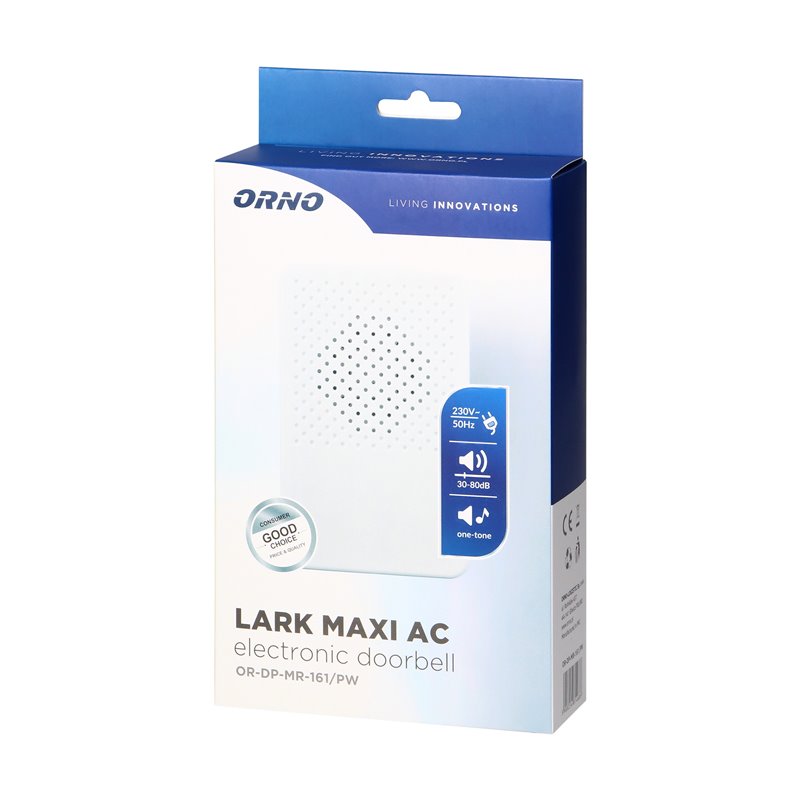 DZWONEK PRZEWODOWY ELEKTRONICZNY JEDNOTONOWY LARK MAXI AC, 230V, ŚNIEŻNOBIAŁY ORNO DZWONEK PRZEWODOWY ELEKTRONICZNY JEDNOTONOWY LARK MAXI AC, 230V, ŚNIEŻNOBIAŁY ORNO