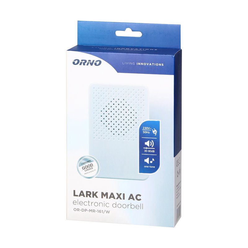 DZWONEK PRZEWODOWY ELEKTRONICZNY JEDNOTONOWY LARK MAXI AC, 230V, BIAŁY ORNO DZWONEK PRZEWODOWY ELEKTRONICZNY JEDNOTONOWY LARK MAXI AC, 230V, BIAŁY ORNO