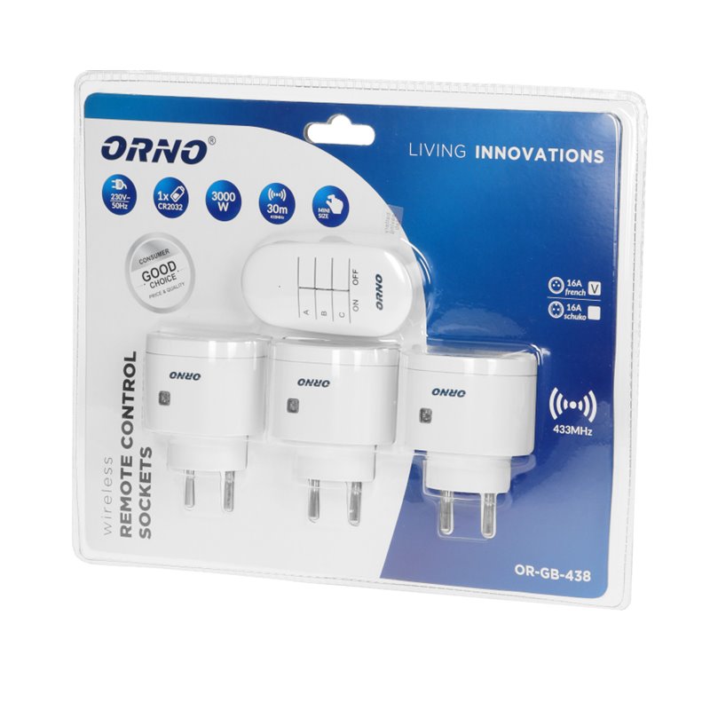 ZESTAW BEZPRZEWODOWYCH MINI GNIAZD STEROWANYCH PILOTEM 3+1 ORNO ZESTAW BEZPRZEWODOWYCH MINI GNIAZD STEROWANYCH PILOTEM 3+1 ORNO