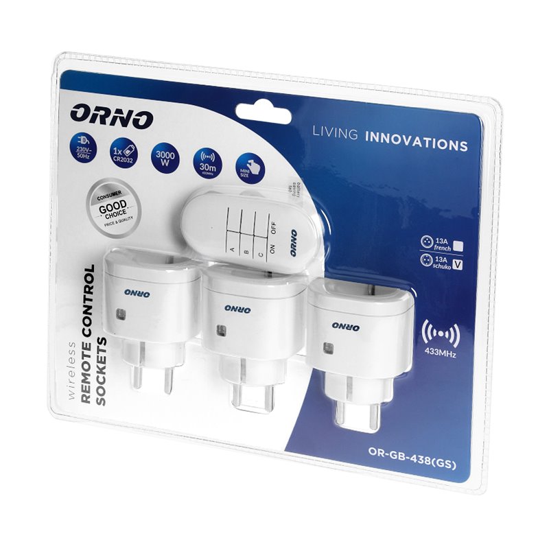 ZESTAW BEZPRZEWODOWYCH MINI GNIAZD STEROWANYCH PILOTEM 3+1, WERSJA SCHUKO ORNO ZESTAW BEZPRZEWODOWYCH MINI GNIAZD STEROWANYCH PILOTEM 3+1, WERSJA SCHUKO ORNO