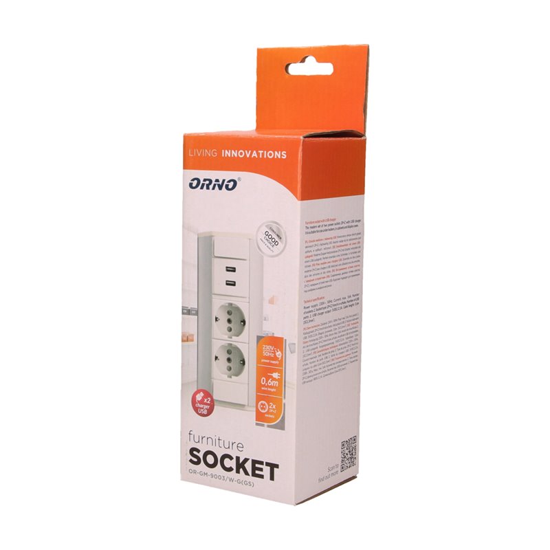 GNIAZDO MEBLOWE 2X2P+Z + USB, SCHUKO, BIAŁO-SREBRNE ORNO GNIAZDO MEBLOWE 2X2P+Z + USB, SCHUKO, BIAŁO-SREBRNE ORNO
