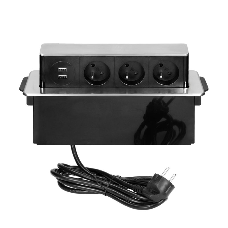 GNIAZDO MEBLOWE WYSUWANE Z BLATU Z PŁASKIM FREZOWANYM RANTEM, ŁADOWARKĄ USB I PRZEWODEM 2M, 3 GNIAZDA TYP E, 2 X USB (2,4A), 3X1 GNIAZDO MEBLOWE WYSUWANE Z BLATU Z PŁASKIM FREZOWANYM RANTEM, ŁADOWARKĄ USB I PRZEWODEM 2M, 3 GNIAZDA TYP E, 2 X USB (2,4A), 3X1
