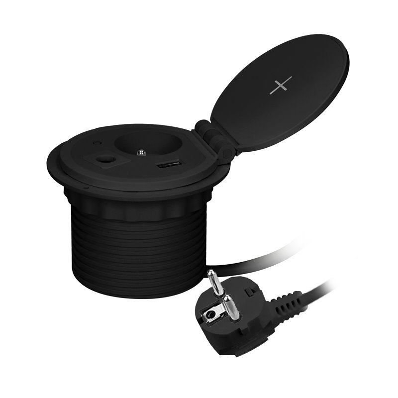 GNIAZDO MEBLOWE O8CM WPUSZCZANE W BLAT Z ŁADOWARKĄ INDUKCYJNĄ, ŁADOWARKĄ USB, PRZELOTKĄ KABLOWĄ I PRZEWODEM 2M, 1X2P+Z, 1XUSB 2, GNIAZDO MEBLOWE O8CM WPUSZCZANE W BLAT Z ŁADOWARKĄ INDUKCYJNĄ, ŁADOWARKĄ USB, PRZELOTKĄ KABLOWĄ I PRZEWODEM 2M, 1X2P+Z, 1XUSB 2,