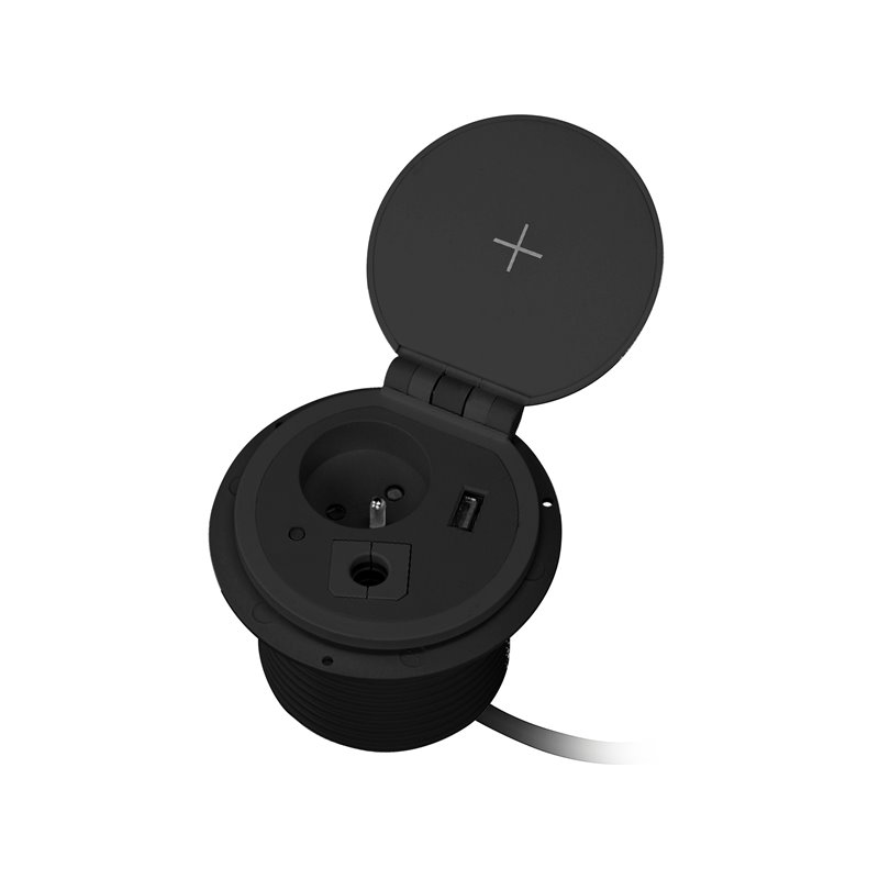 GNIAZDO MEBLOWE O8CM WPUSZCZANE W BLAT Z ŁADOWARKĄ INDUKCYJNĄ, ŁADOWARKĄ USB, PRZELOTKĄ KABLOWĄ I PRZEWODEM 2M, 1X2P+Z, 1XUSB 2, GNIAZDO MEBLOWE O8CM WPUSZCZANE W BLAT Z ŁADOWARKĄ INDUKCYJNĄ, ŁADOWARKĄ USB, PRZELOTKĄ KABLOWĄ I PRZEWODEM 2M, 1X2P+Z, 1XUSB 2,