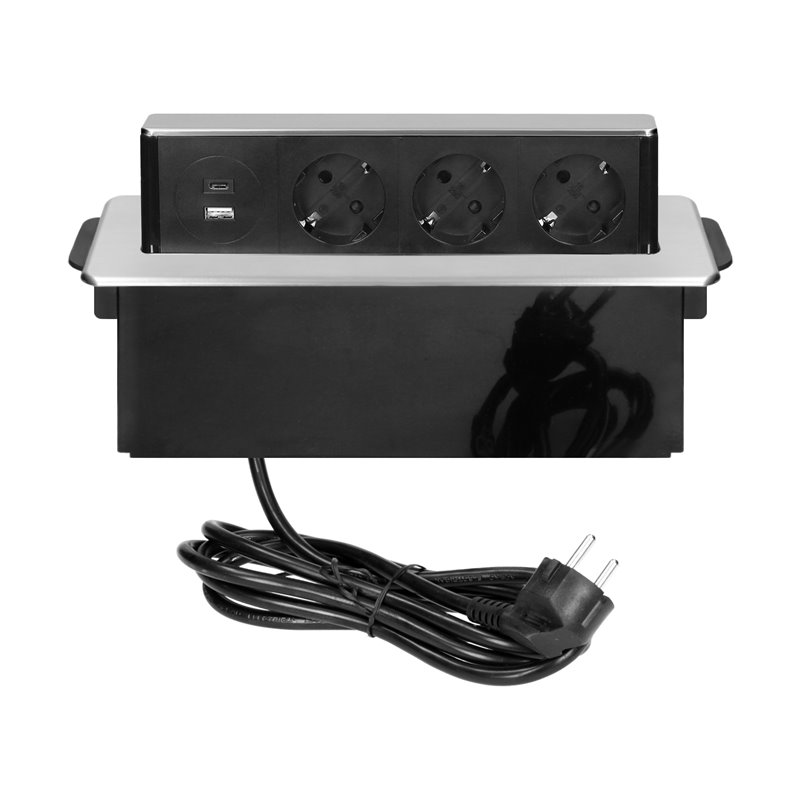 GNIAZDO MEBLOWE WYSUWANE Z BLATU Z PŁASKIM FREZOWANYM RANTEM, ŁADOWARKĄ USB I PRZEWODEM 2M, 3 GNIAZDA TYP F, 2 X USB (TYP A + C GNIAZDO MEBLOWE WYSUWANE Z BLATU Z PŁASKIM FREZOWANYM RANTEM, ŁADOWARKĄ USB I PRZEWODEM 2M, 3 GNIAZDA TYP F, 2 X USB (TYP A + C