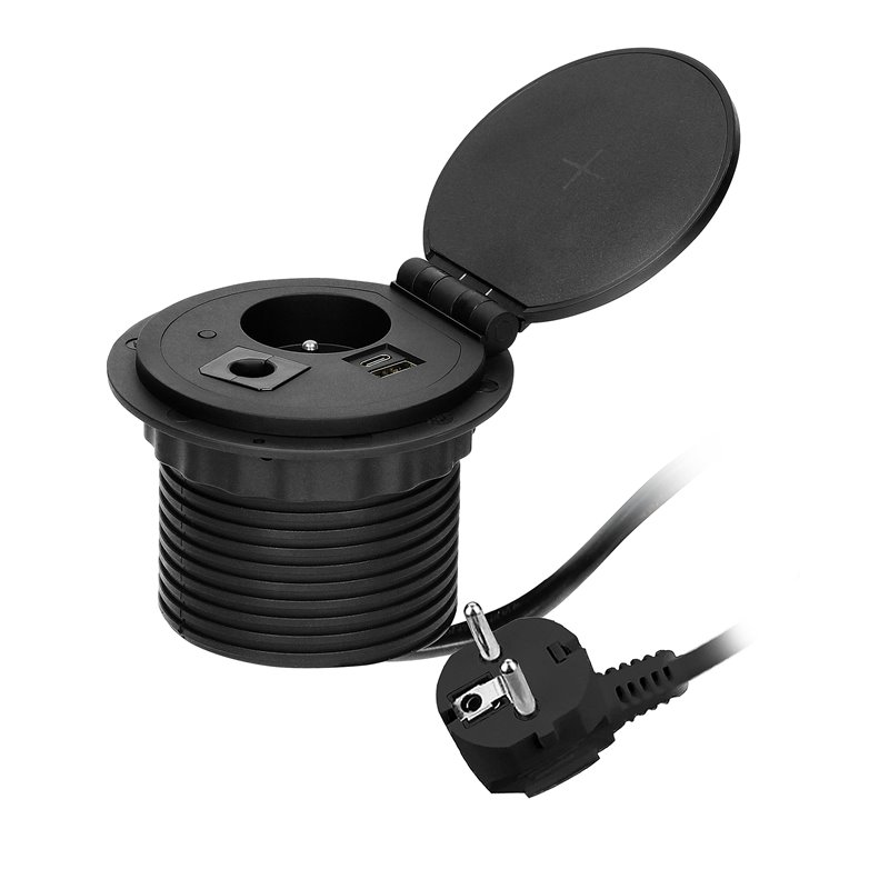 GNIAZDO MEBLOWE O8CM WPUSZCZANE W BLAT Z ŁADOWARKĄ INDUKCYJNĄ, ŁADOWARKĄ USB Z 2 GNIAZDAMI A I C, PRZELOTKĄ KABLOWĄ I PRZEWODEM GNIAZDO MEBLOWE O8CM WPUSZCZANE W BLAT Z ŁADOWARKĄ INDUKCYJNĄ, ŁADOWARKĄ USB Z 2 GNIAZDAMI A I C, PRZELOTKĄ KABLOWĄ I PRZEWODEM