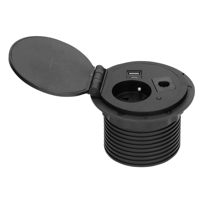 GNIAZDO MEBLOWE O8CM WPUSZCZANE W BLAT Z ŁADOWARKĄ INDUKCYJNĄ, ŁADOWARKĄ USB Z 2 GNIAZDAMI A I C, PRZELOTKĄ KABLOWĄ I PRZEWODEM GNIAZDO MEBLOWE O8CM WPUSZCZANE W BLAT Z ŁADOWARKĄ INDUKCYJNĄ, ŁADOWARKĄ USB Z 2 GNIAZDAMI A I C, PRZELOTKĄ KABLOWĄ I PRZEWODEM