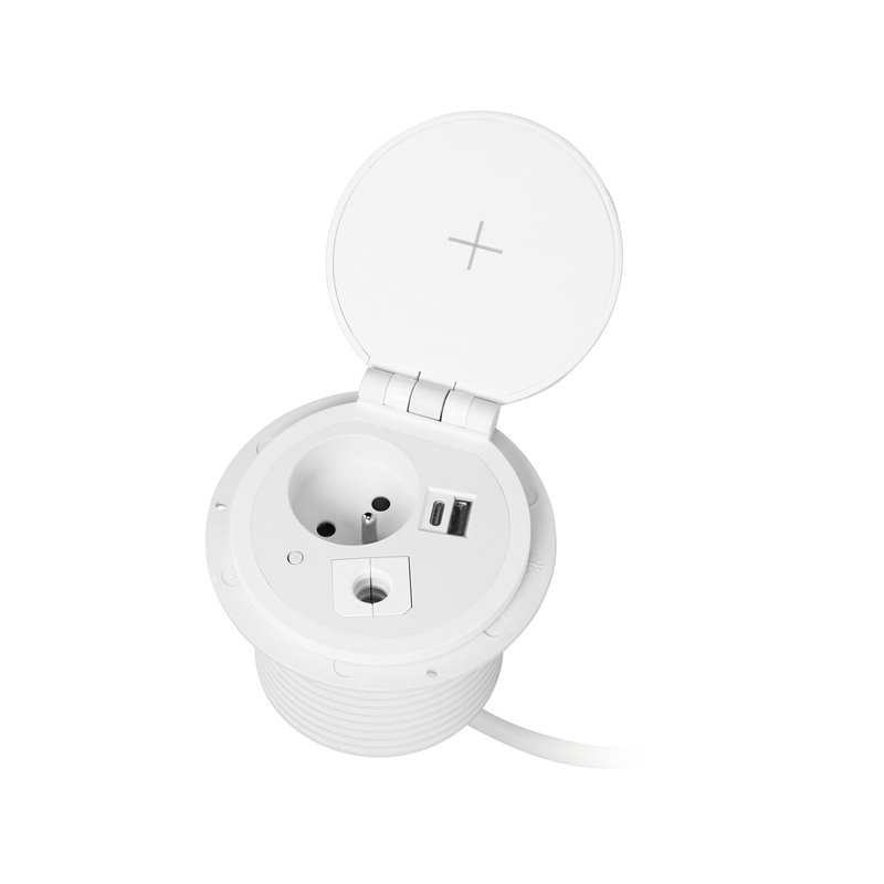 GNIAZDO MEBLOWE O8CM WPUSZCZANE W BLAT Z ŁADOWARKĄ INDUKCYJNĄ, ŁADOWARKĄ USB Z 2 GNIAZDAMI A I C, PRZELOTKĄ KABLOWĄ I PRZEWODEM GNIAZDO MEBLOWE O8CM WPUSZCZANE W BLAT Z ŁADOWARKĄ INDUKCYJNĄ, ŁADOWARKĄ USB Z 2 GNIAZDAMI A I C, PRZELOTKĄ KABLOWĄ I PRZEWODEM