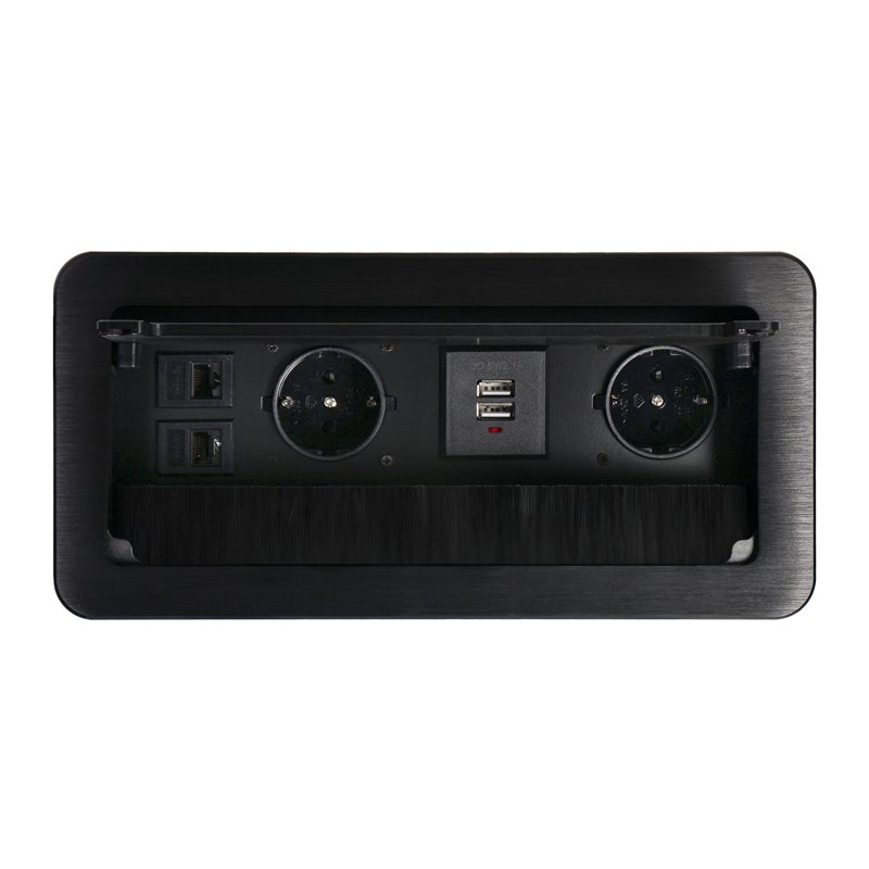 GNIAZDO MEBLOWE WPUSZCZANE W BLAT Z PŁASKIM FREZOWANYM RANTEM, SZCZOTKĄ PRZECIWKURZOWĄ, ŁADOWARKĄ USB I PRZEWODEM 1,5M, 2X2P+Z S GNIAZDO MEBLOWE WPUSZCZANE W BLAT Z PŁASKIM FREZOWANYM RANTEM, SZCZOTKĄ PRZECIWKURZOWĄ, ŁADOWARKĄ USB I PRZEWODEM 1,5M, 2X2P+Z S