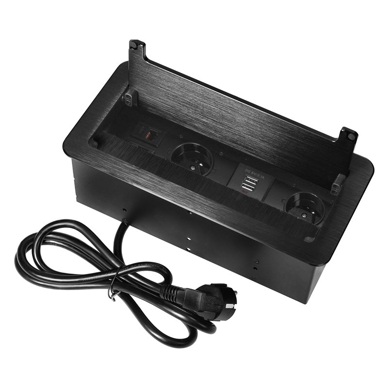 GNIAZDO MEBLOWE WPUSZCZANE W BLAT Z PŁASKIM FREZOWANYM RANTEM, SZCZOTKĄ PRZECIWKURZOWĄ, ŁADOWARKĄ USB I PRZEWODEM 1,5M, 2X2P+Z, GNIAZDO MEBLOWE WPUSZCZANE W BLAT Z PŁASKIM FREZOWANYM RANTEM, SZCZOTKĄ PRZECIWKURZOWĄ, ŁADOWARKĄ USB I PRZEWODEM 1,5M, 2X2P+Z,