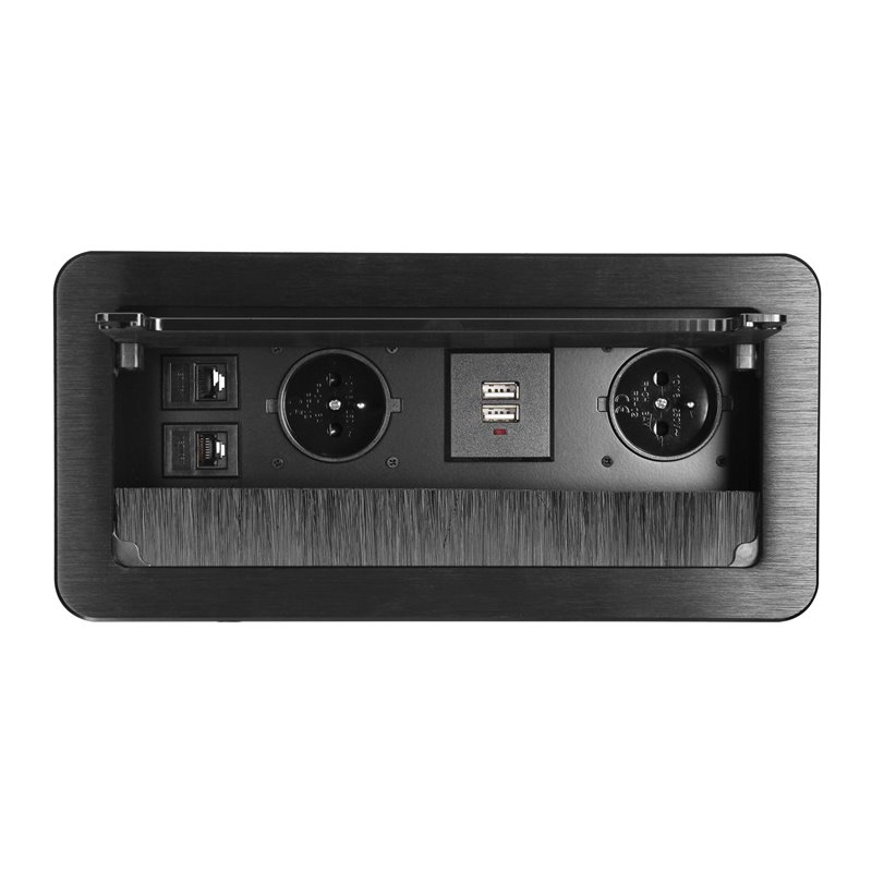 GNIAZDO MEBLOWE WPUSZCZANE W BLAT Z PŁASKIM FREZOWANYM RANTEM, SZCZOTKĄ PRZECIWKURZOWĄ, ŁADOWARKĄ USB I PRZEWODEM 1,5M, 2X2P+Z, GNIAZDO MEBLOWE WPUSZCZANE W BLAT Z PŁASKIM FREZOWANYM RANTEM, SZCZOTKĄ PRZECIWKURZOWĄ, ŁADOWARKĄ USB I PRZEWODEM 1,5M, 2X2P+Z,