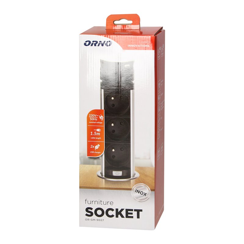 WPUSZCZANE GNIAZDO MEBLOWE O6CM Z ŁADOWARKĄ USB I PRZEWODEM 1,5M, 3X2P+Z, 2XUSB (TYP A I TYP C), INOX ORNO WPUSZCZANE GNIAZDO MEBLOWE O6CM Z ŁADOWARKĄ USB I PRZEWODEM 1,5M, 3X2P+Z, 2XUSB (TYP A I TYP C), INOX ORNO