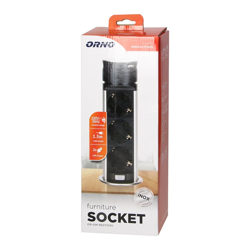 WPUSZCZANE GNIAZDO MEBLOWE O6CM Z ŁADOWARKĄ USB I PRZEWODEM 1,5M, 3X2P+Z (SCHUKO), 2XUSB (TYP A I TYP C), INOX ORNO WPUSZCZANE GNIAZDO MEBLOWE O6CM Z ŁADOWARKĄ USB I PRZEWODEM 1,5M, 3X2P+Z (SCHUKO), 2XUSB (TYP A I TYP C), INOX ORNO