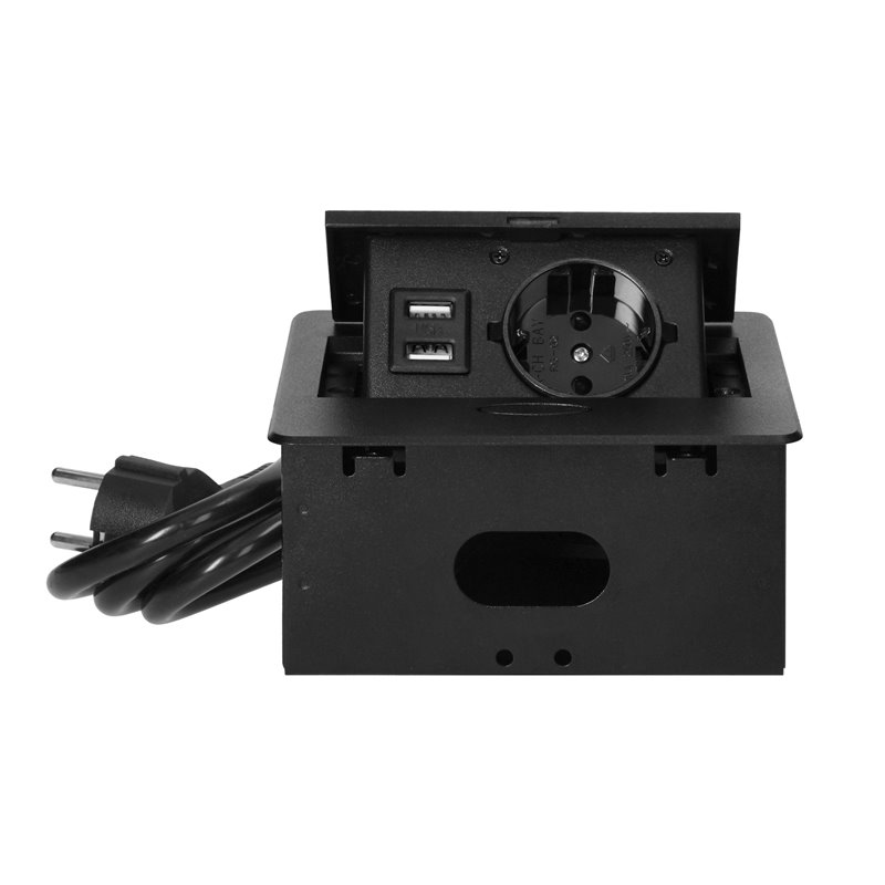 WPUSZCZANE GNIAZDO MEBLOWE Z ŁADOWARKĄ USB I PRZEWODEM 1,5M, 1X2P+Z SCHUKO, 2XUSB (TYP A, 2,1A), PŁASKI RANT FREZOWANY, CZARNY WPUSZCZANE GNIAZDO MEBLOWE Z ŁADOWARKĄ USB I PRZEWODEM 1,5M, 1X2P+Z SCHUKO, 2XUSB (TYP A, 2,1A), PŁASKI RANT FREZOWANY, CZARNY