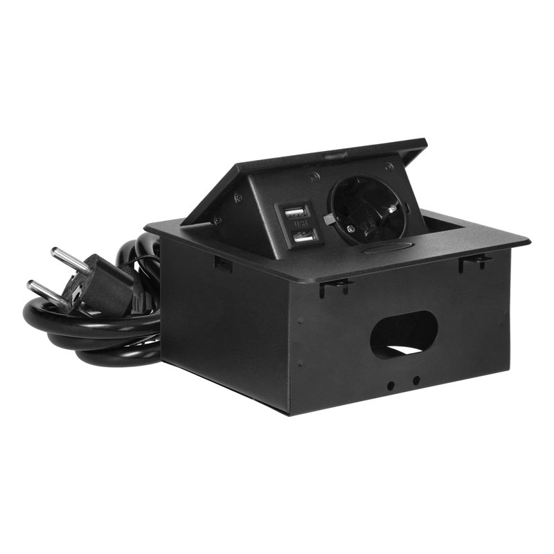WPUSZCZANE GNIAZDO MEBLOWE Z ŁADOWARKĄ USB I PRZEWODEM 1,5M, 1X2P+Z SCHUKO, 2XUSB (TYP A, 2,1A), PŁASKI RANT FREZOWANY, CZARNY WPUSZCZANE GNIAZDO MEBLOWE Z ŁADOWARKĄ USB I PRZEWODEM 1,5M, 1X2P+Z SCHUKO, 2XUSB (TYP A, 2,1A), PŁASKI RANT FREZOWANY, CZARNY