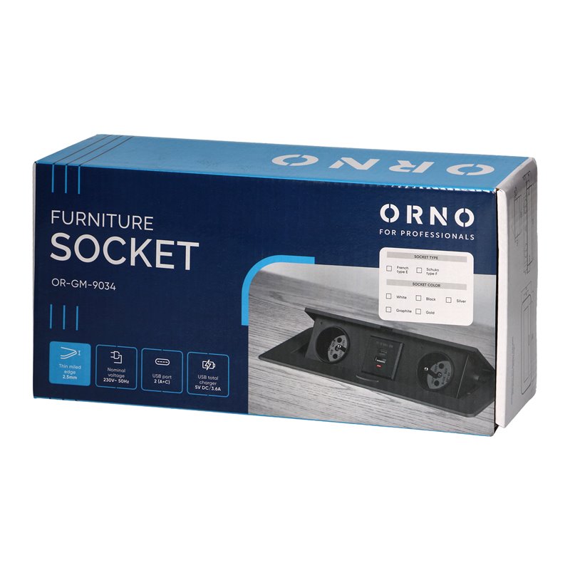 GNIAZDO MEBLOWE WPUSZCZANE W BLAT Z PŁASKIM FREZOWANYM RANTEM I ŁADOWARKĄ USB, 2X2P+Z (SCHUKO),2X USB (TYP A+C 3,6A), CZARNE ORN GNIAZDO MEBLOWE WPUSZCZANE W BLAT Z PŁASKIM FREZOWANYM RANTEM I ŁADOWARKĄ USB, 2X2P+Z (SCHUKO),2X USB (TYP A+C 3,6A), CZARNE ORN