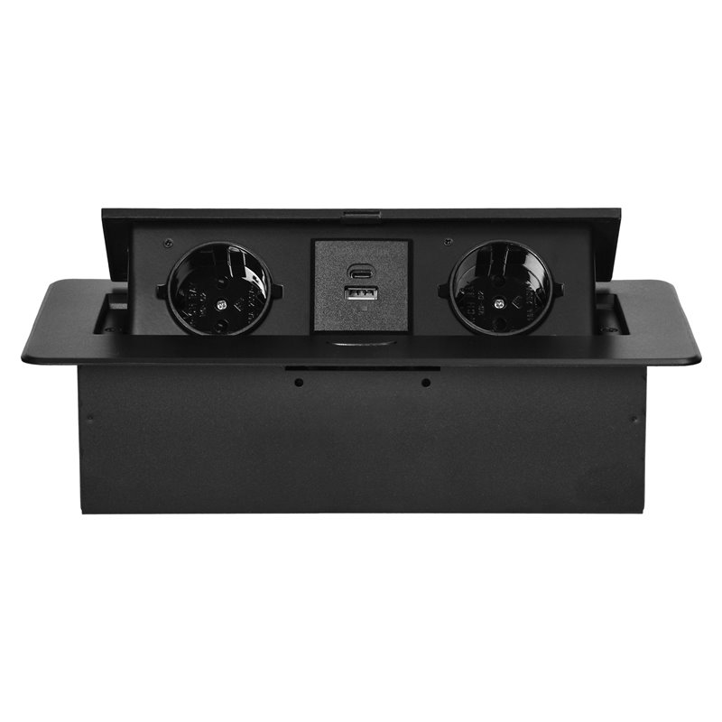 GNIAZDO MEBLOWE WPUSZCZANE W BLAT Z PŁASKIM FREZOWANYM RANTEM I ŁADOWARKĄ USB, 2X2P+Z (SCHUKO),2X USB (TYP A+C 3,6A), CZARNE ORN GNIAZDO MEBLOWE WPUSZCZANE W BLAT Z PŁASKIM FREZOWANYM RANTEM I ŁADOWARKĄ USB, 2X2P+Z (SCHUKO),2X USB (TYP A+C 3,6A), CZARNE ORN