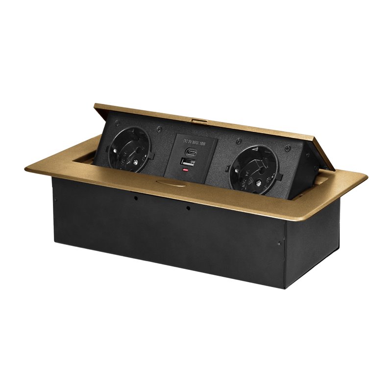 GNIAZDO MEBLOWE WPUSZCZANE W BLAT Z PŁASKIM FREZOWANYM RANTEM I ŁADOWARKĄ USB, 2X2P+Z (SCHUKO),2XUSB (TYP A+C 3,6A), ZŁOTE ORNO GNIAZDO MEBLOWE WPUSZCZANE W BLAT Z PŁASKIM FREZOWANYM RANTEM I ŁADOWARKĄ USB, 2X2P+Z (SCHUKO),2XUSB (TYP A+C 3,6A), ZŁOTE ORNO