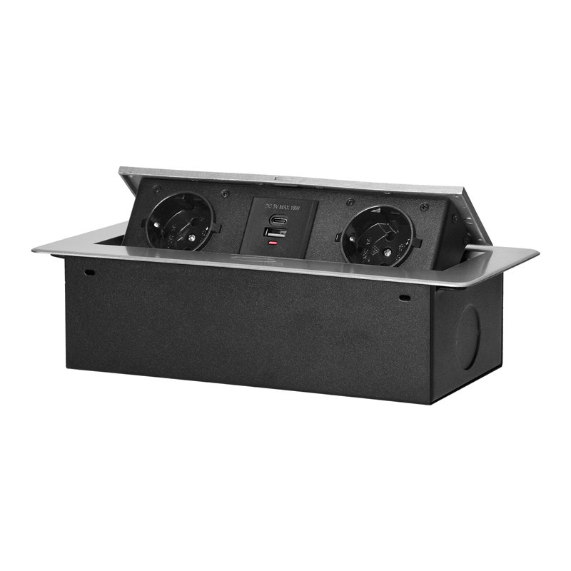 GNIAZDO MEBLOWE WPUSZCZANE W BLAT Z PŁASKIM FREZOWANYM RANTEM I ŁADOWARKĄ USB, 2X2P+Z (SCHUKO),2X USB (TYP A+C 3,6A), SREBRNE OR GNIAZDO MEBLOWE WPUSZCZANE W BLAT Z PŁASKIM FREZOWANYM RANTEM I ŁADOWARKĄ USB, 2X2P+Z (SCHUKO),2X USB (TYP A+C 3,6A), SREBRNE OR