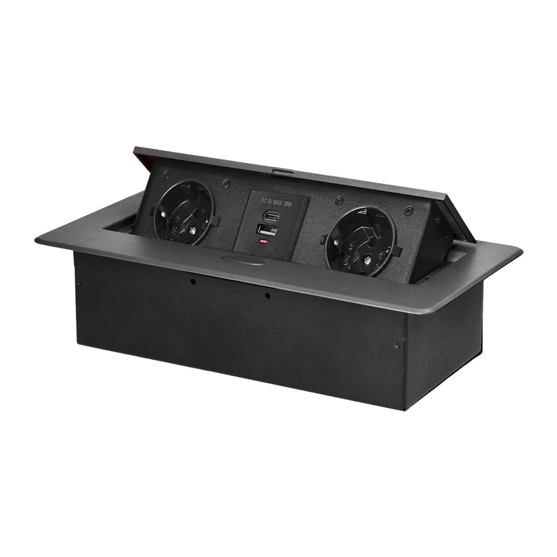 GNIAZDO MEBLOWE WPUSZCZANE W BLAT Z PŁASKIM FREZOWANYM RANTEM I ŁADOWARKĄ USB, 2X2P+Z (SCHUKO),2XUSB (TYP A+C 3,6A), GRAFITOWE O GNIAZDO MEBLOWE WPUSZCZANE W BLAT Z PŁASKIM FREZOWANYM RANTEM I ŁADOWARKĄ USB, 2X2P+Z (SCHUKO),2XUSB (TYP A+C 3,6A), GRAFITOWE O