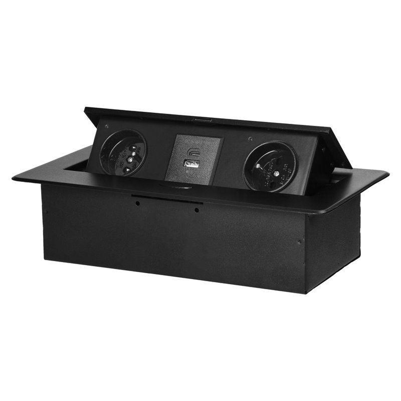 GNIAZDO MEBLOWE WPUSZCZANE W BLAT Z PŁASKIM FREZOWANYM RANTEM I ŁADOWARKĄ USB, 2X2P+Z, 2XUSB (TYP A+C 3,6A), CZARNE ORNO