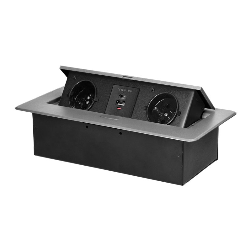 GNIAZDO MEBLOWE WPUSZCZANE W BLAT Z PŁASKIM FREZOWANYM RANTEM I ŁADOWARKĄ USB, 2X2P+Z, 2XUSB (TYP A+C 3,6A), SREBRNE ORNO