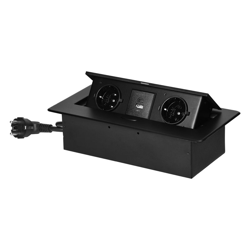 GNIAZDO MEBLOWE WPUSZCZANE W BLAT Z PŁASKIM FREZOWANYM RANTEM, ŁADOWARKĄ USB I PRZEWODEM 1,5M, 2X2P+Z (SCHUKO), 2XUSB (TYP A+C 3 GNIAZDO MEBLOWE WPUSZCZANE W BLAT Z PŁASKIM FREZOWANYM RANTEM, ŁADOWARKĄ USB I PRZEWODEM 1,5M, 2X2P+Z (SCHUKO), 2XUSB (TYP A+C 3