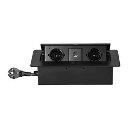 GNIAZDO MEBLOWE WPUSZCZANE W BLAT Z PŁASKIM FREZOWANYM RANTEM, ŁADOWARKĄ USB I PRZEWODEM 1,5M, 2X2P+Z (SCHUKO), 2XUSB (TYP A+C 3 GNIAZDO MEBLOWE WPUSZCZANE W BLAT Z PŁASKIM FREZOWANYM RANTEM, ŁADOWARKĄ USB I PRZEWODEM 1,5M, 2X2P+Z (SCHUKO), 2XUSB (TYP A+C 3