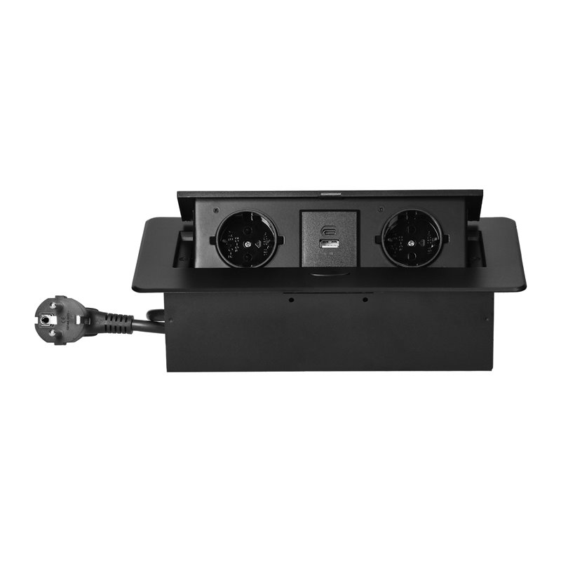 GNIAZDO MEBLOWE WPUSZCZANE W BLAT Z PŁASKIM FREZOWANYM RANTEM, ŁADOWARKĄ USB I PRZEWODEM 1,5M, 2X2P+Z (SCHUKO), 2XUSB (TYP A+C 3 GNIAZDO MEBLOWE WPUSZCZANE W BLAT Z PŁASKIM FREZOWANYM RANTEM, ŁADOWARKĄ USB I PRZEWODEM 1,5M, 2X2P+Z (SCHUKO), 2XUSB (TYP A+C 3