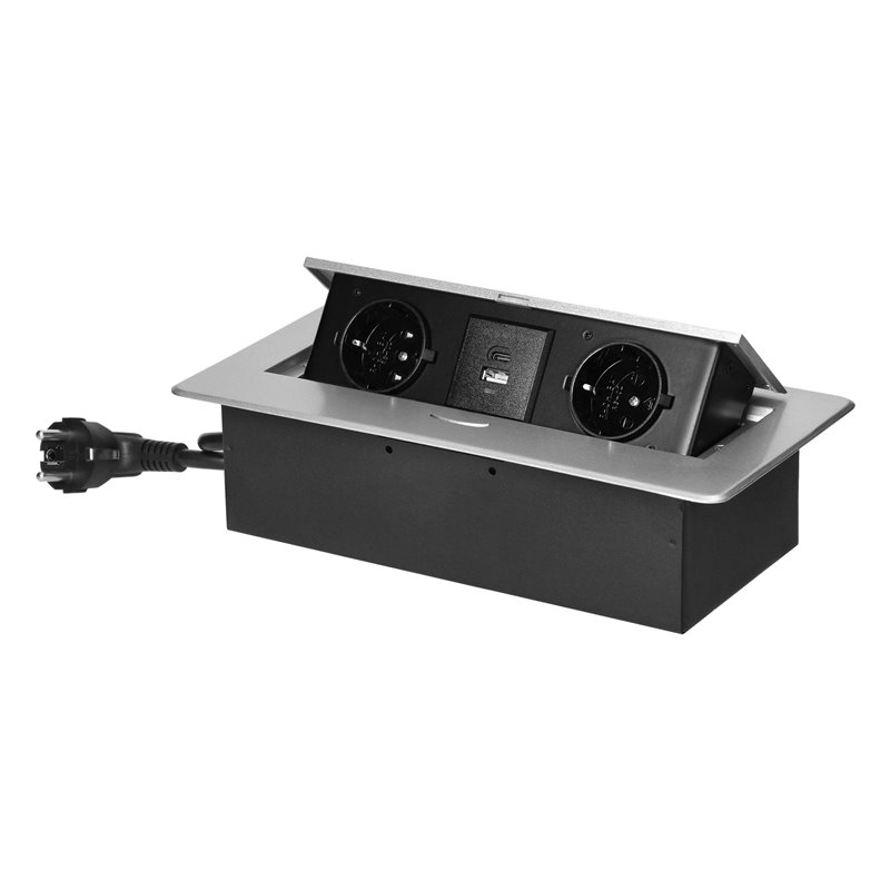GNIAZDO MEBLOWE WPUSZCZANE W BLAT Z PŁASKIM FREZOWANYM RANTEM, ŁADOWARKĄ USB I PRZEWODEM 1,5M, 2X2P+Z (SCHUKO), 2XUSB (TYP A+C3,