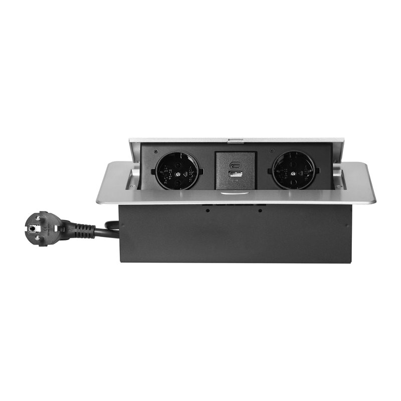 GNIAZDO MEBLOWE WPUSZCZANE W BLAT Z PŁASKIM FREZOWANYM RANTEM, ŁADOWARKĄ USB I PRZEWODEM 1,5M, 2X2P+Z (SCHUKO), 2XUSB (TYP A+C3, GNIAZDO MEBLOWE WPUSZCZANE W BLAT Z PŁASKIM FREZOWANYM RANTEM, ŁADOWARKĄ USB I PRZEWODEM 1,5M, 2X2P+Z (SCHUKO), 2XUSB (TYP A+C3,