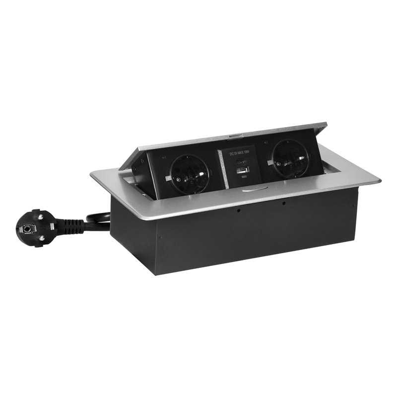 GNIAZDO MEBLOWE WPUSZCZANE W BLAT Z PŁASKIM FREZOWANYM RANTEM, ŁADOWARKĄ USB I PRZEWODEM 1,5M, 2X2P+Z (SCHUKO), 2XUSB (TYP A+C3, GNIAZDO MEBLOWE WPUSZCZANE W BLAT Z PŁASKIM FREZOWANYM RANTEM, ŁADOWARKĄ USB I PRZEWODEM 1,5M, 2X2P+Z (SCHUKO), 2XUSB (TYP A+C3,