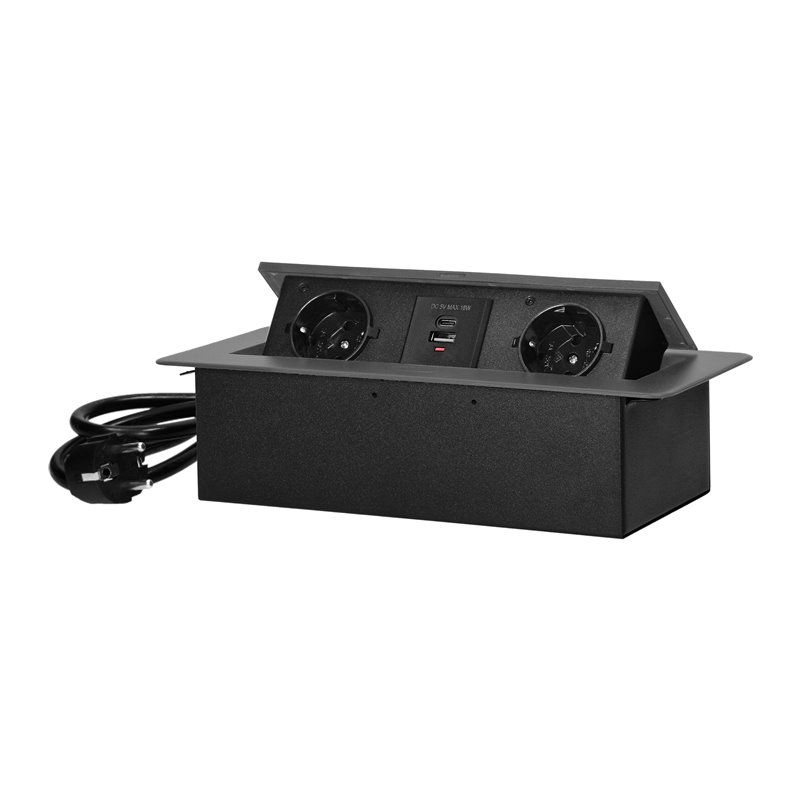 GNIAZDO MEBLOWE WPUSZCZANE W BLAT Z PŁASKIM FREZOWANYM RANTEM, ŁADOWARKĄ USB I PRZEWODEM 1,5M, 2X2P+Z (SCHUKO), 2XUSB (TYP A+C 3 GNIAZDO MEBLOWE WPUSZCZANE W BLAT Z PŁASKIM FREZOWANYM RANTEM, ŁADOWARKĄ USB I PRZEWODEM 1,5M, 2X2P+Z (SCHUKO), 2XUSB (TYP A+C 3