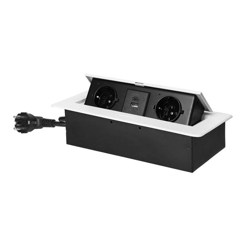 GNIAZDO MEBLOWE WPUSZCZANE W BLAT Z PŁASKIM FREZOWANYM RANTEM, ŁADOWARKĄ USB I PRZEWODEM 1,5M, 2X2P+Z (SCHUKO), 2XUSB (TYP A+C 3 GNIAZDO MEBLOWE WPUSZCZANE W BLAT Z PŁASKIM FREZOWANYM RANTEM, ŁADOWARKĄ USB I PRZEWODEM 1,5M, 2X2P+Z (SCHUKO), 2XUSB (TYP A+C 3