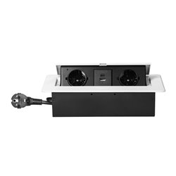 GNIAZDO MEBLOWE WPUSZCZANE W BLAT Z PŁASKIM FREZOWANYM RANTEM, ŁADOWARKĄ USB I PRZEWODEM 1,5M, 2X2P+Z (SCHUKO), 2XUSB (TYP A+C 3 GNIAZDO MEBLOWE WPUSZCZANE W BLAT Z PŁASKIM FREZOWANYM RANTEM, ŁADOWARKĄ USB I PRZEWODEM 1,5M, 2X2P+Z (SCHUKO), 2XUSB (TYP A+C 3