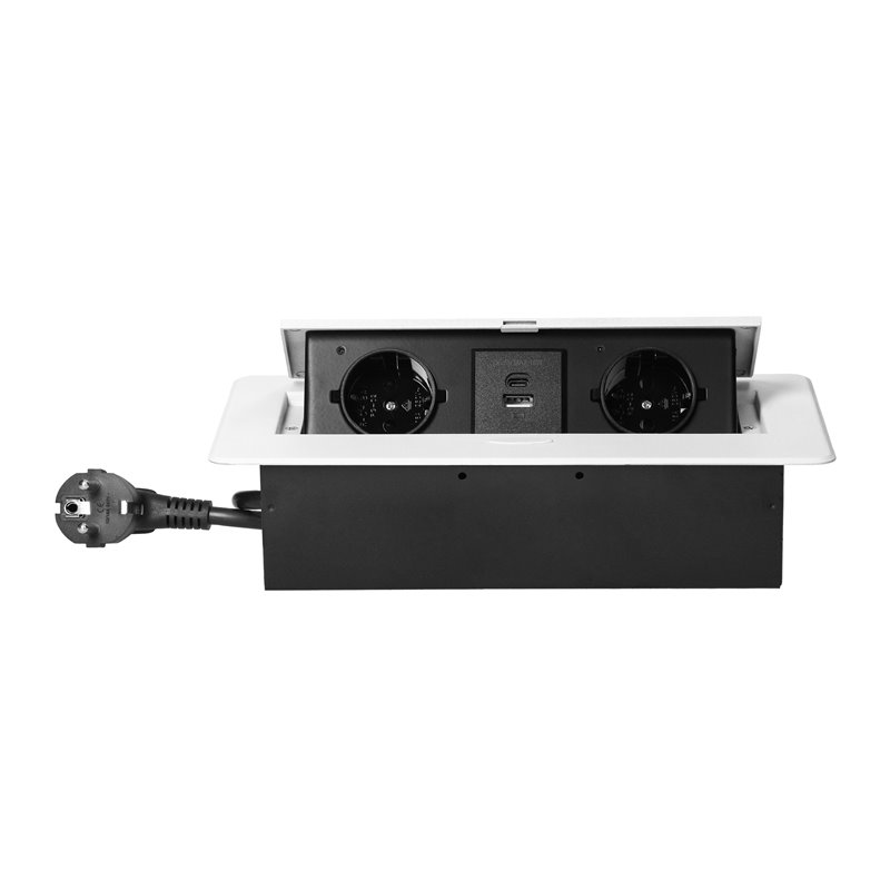 GNIAZDO MEBLOWE WPUSZCZANE W BLAT Z PŁASKIM FREZOWANYM RANTEM, ŁADOWARKĄ USB I PRZEWODEM 1,5M, 2X2P+Z (SCHUKO), 2XUSB (TYP A+C 3 GNIAZDO MEBLOWE WPUSZCZANE W BLAT Z PŁASKIM FREZOWANYM RANTEM, ŁADOWARKĄ USB I PRZEWODEM 1,5M, 2X2P+Z (SCHUKO), 2XUSB (TYP A+C 3