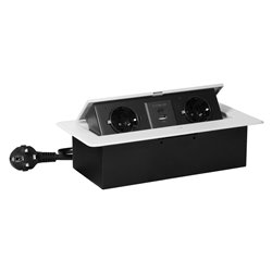 GNIAZDO MEBLOWE WPUSZCZANE W BLAT Z PŁASKIM FREZOWANYM RANTEM, ŁADOWARKĄ USB I PRZEWODEM 1,5M, 2X2P+Z (SCHUKO), 2XUSB (TYP A+C 3 GNIAZDO MEBLOWE WPUSZCZANE W BLAT Z PŁASKIM FREZOWANYM RANTEM, ŁADOWARKĄ USB I PRZEWODEM 1,5M, 2X2P+Z (SCHUKO), 2XUSB (TYP A+C 3